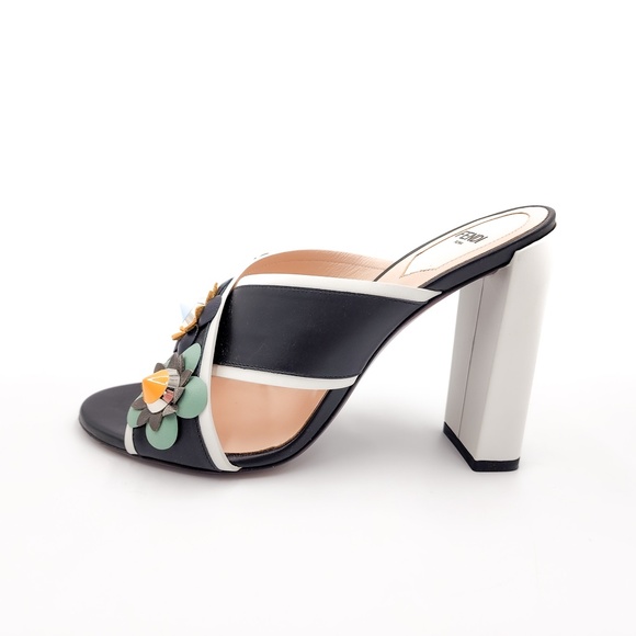 Fendi Flowerland Black White Nappa Leather Slip-On Heeled Mules EU 38 - Picture 3 of 10